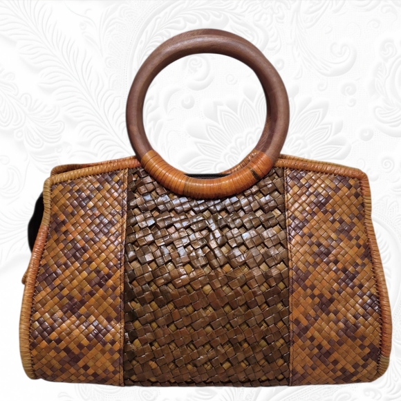No Brand Handbags - Handmade Woven Pandan Leaves Multicolor Hand Bag with Wooden Handles, Mini